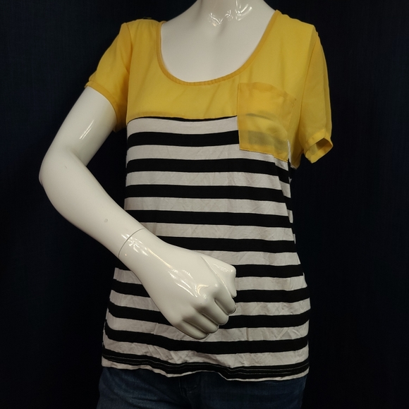 Charming Charlie Yellow Chiffon Stripe Blouse Top - Picture 2 of 6